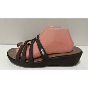 Crocs Rhonda women size 11  brown strappy wedged slip on comfort sandals